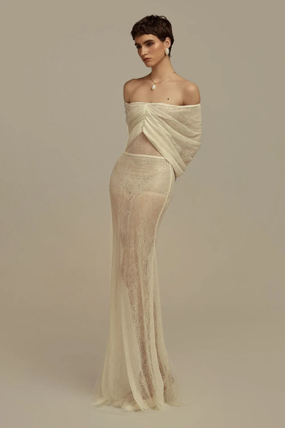 Phoebe Mermaid Off-Shoulder Lace Floor Length Set