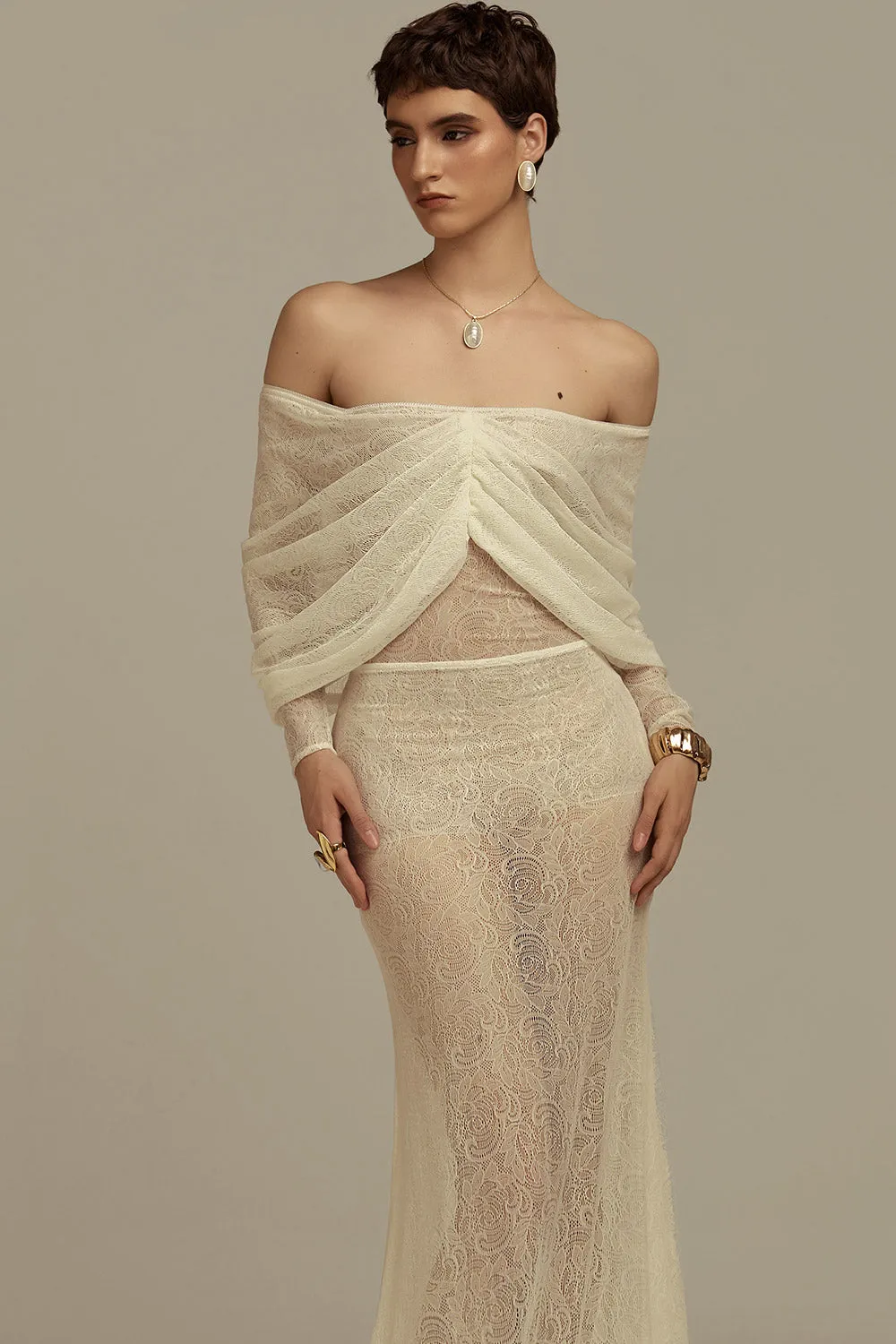 Phoebe Mermaid Off-Shoulder Lace Floor Length Set