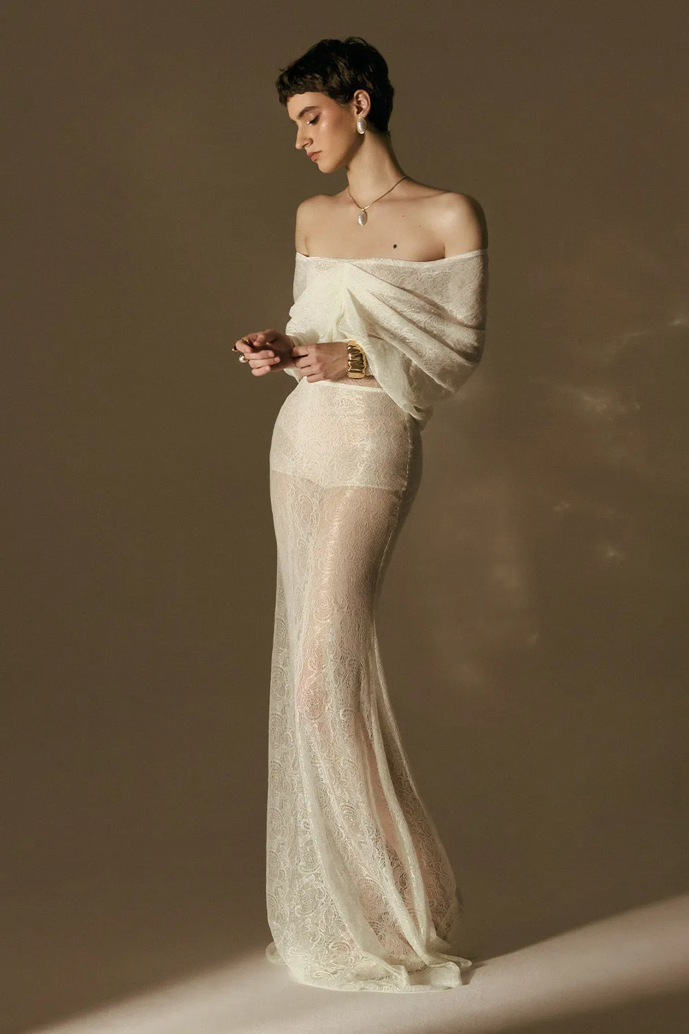 Phoebe Mermaid Off-Shoulder Lace Floor Length Set