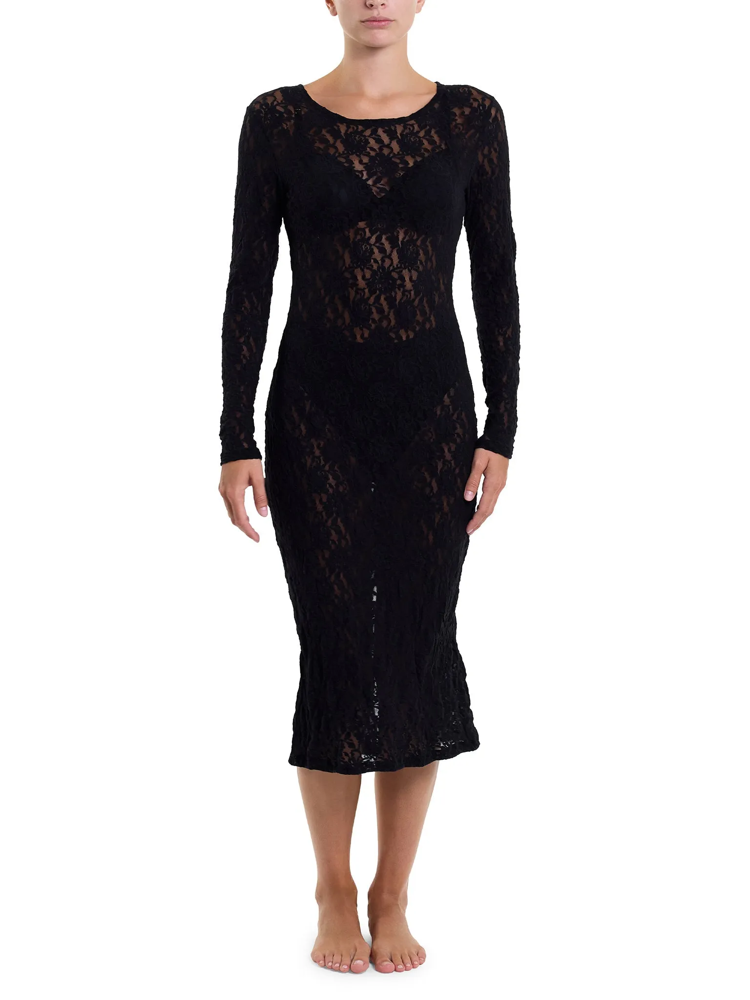 Signature Lace Long Sleeve Midi Dress Black