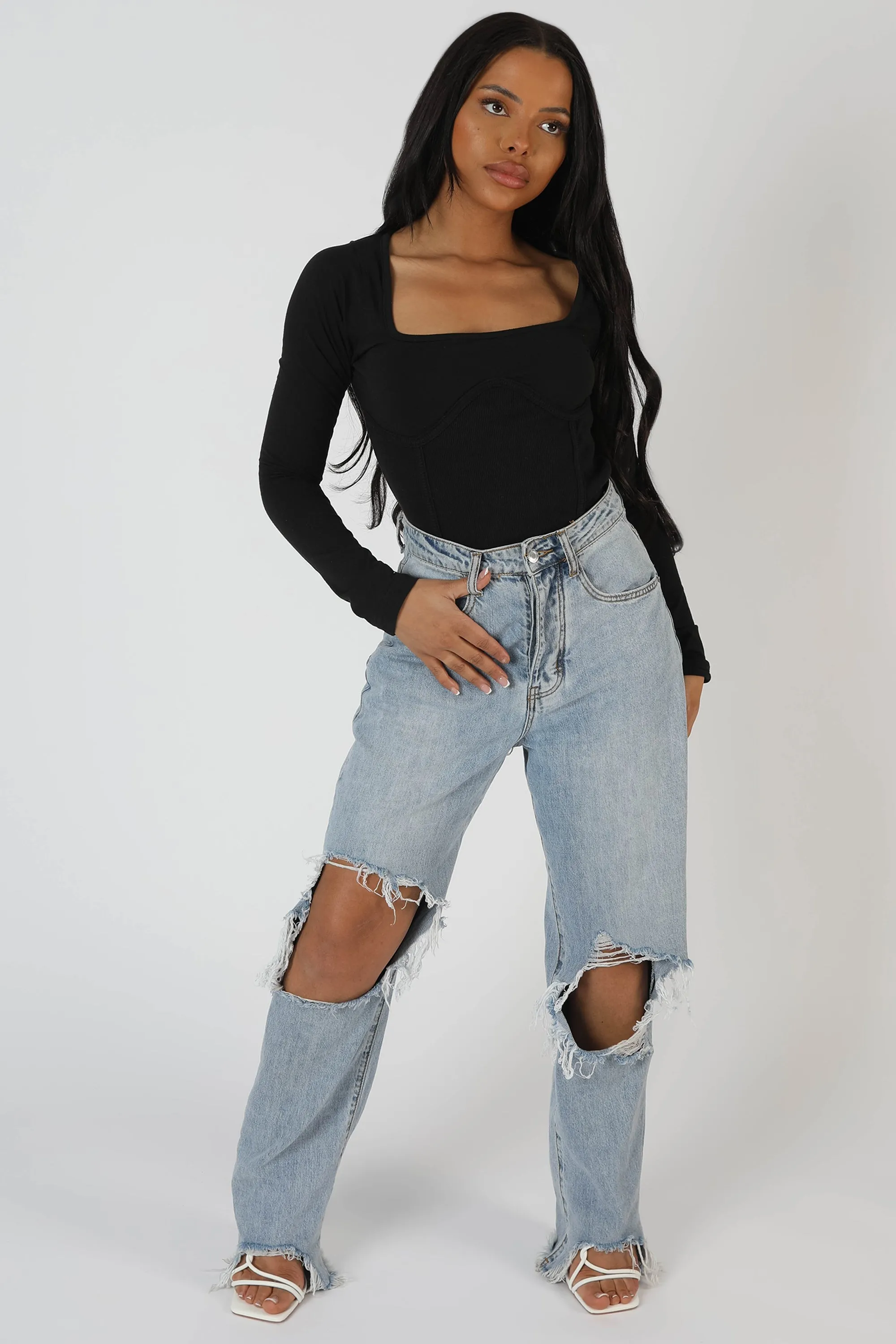 Underbust Seam Square Neck Bodysuit Black