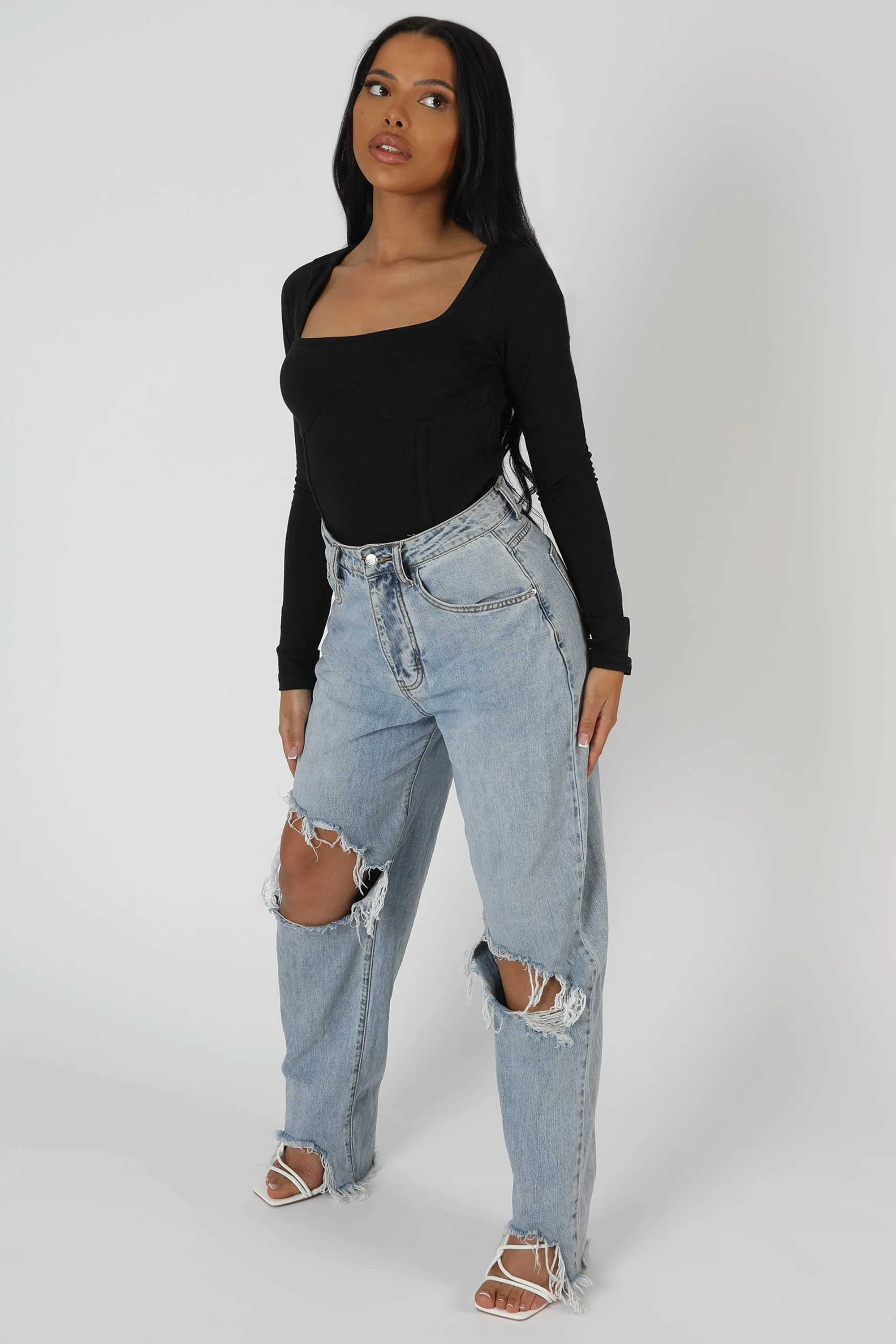Underbust Seam Square Neck Bodysuit Black