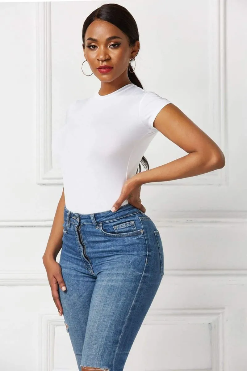 White Short Sleeve Crew Neck Simple Bodysuit