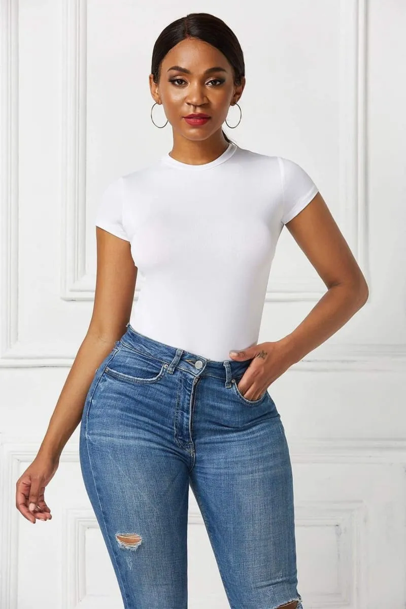 White Short Sleeve Crew Neck Simple Bodysuit