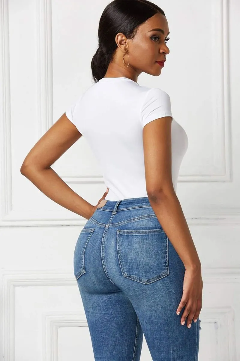 White Short Sleeve Crew Neck Simple Bodysuit